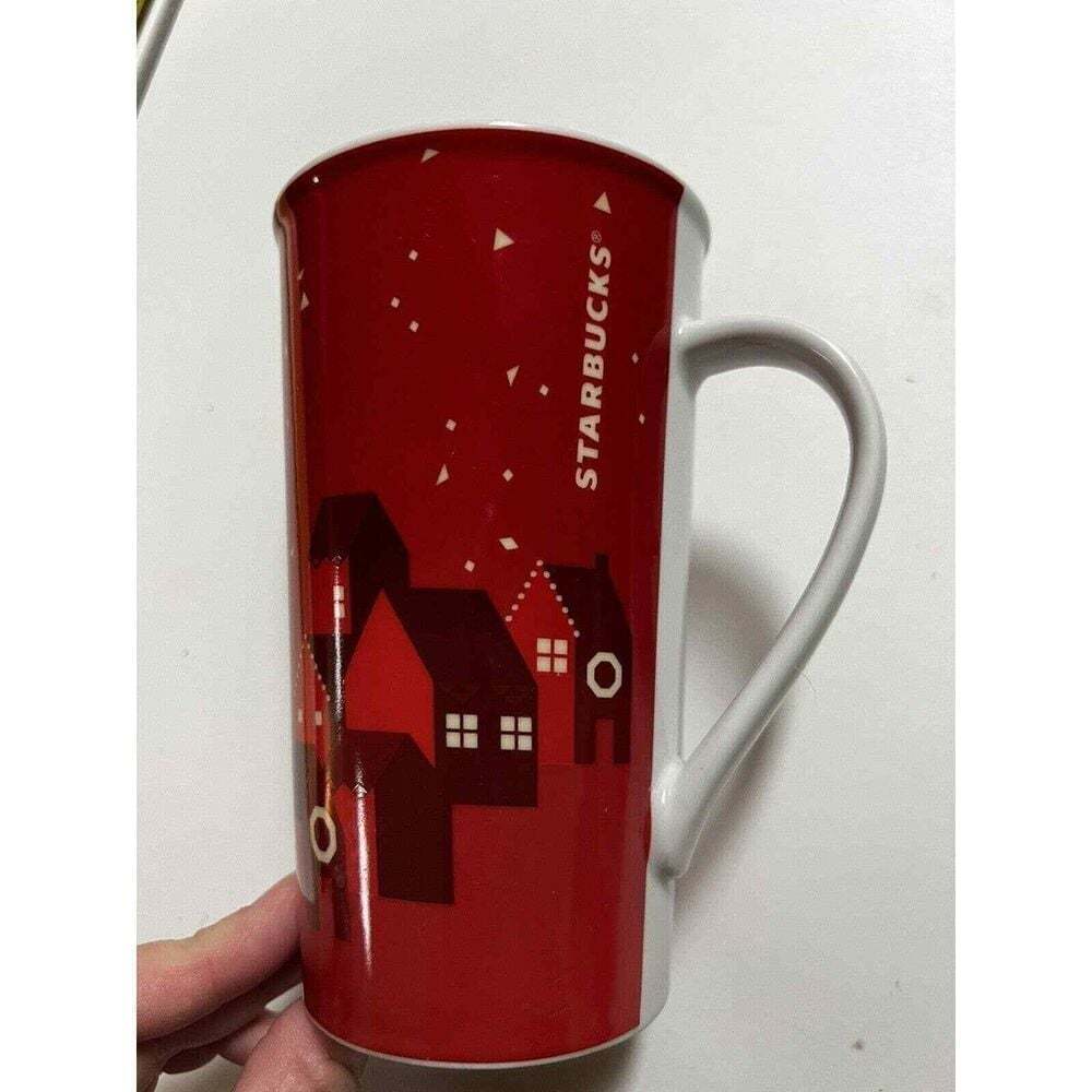 Red Ceramic Travel Mug House Pattern Tall Handle Cup